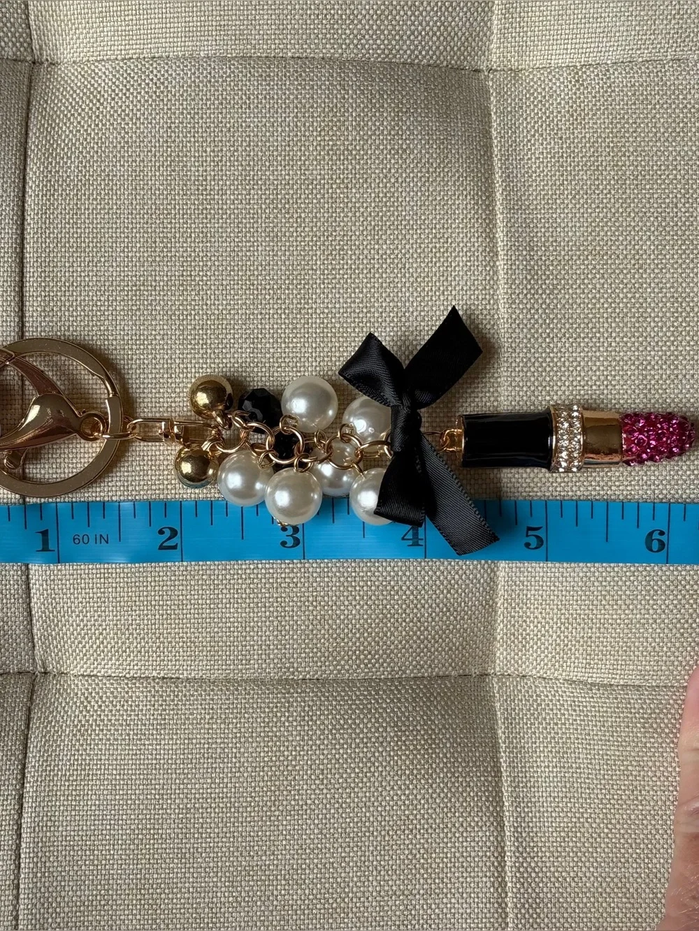 Pearl & Black Ribbon Lipstick Keychain Bag Charm